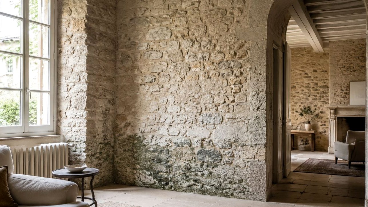 Intérieur de maison ancienne en pierre avec mur apparent et lumière naturelle