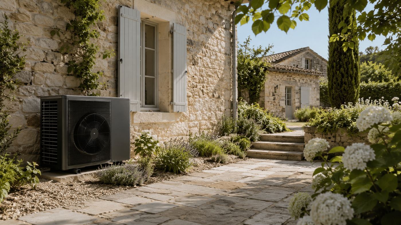 Pompe à chaleur installée près d une maison ancienne en pierre