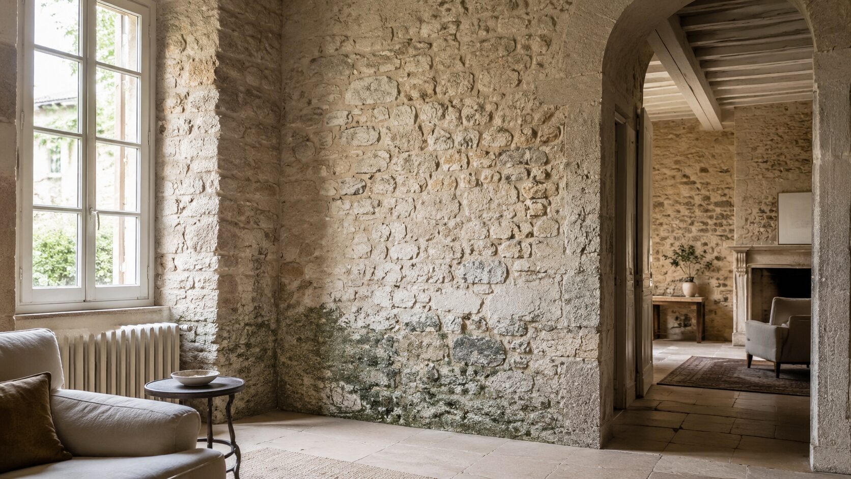 Intérieur de maison en pierre avec mur ancien et lumière naturelle