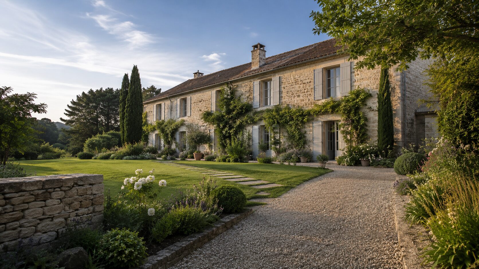 Longère en pierre avec jardin paysager